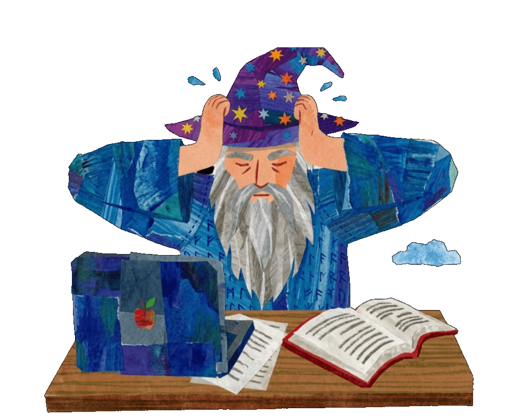 A weary wizard with his head in his hands at a desk piled with papers, a glowing book, and a heavy tome