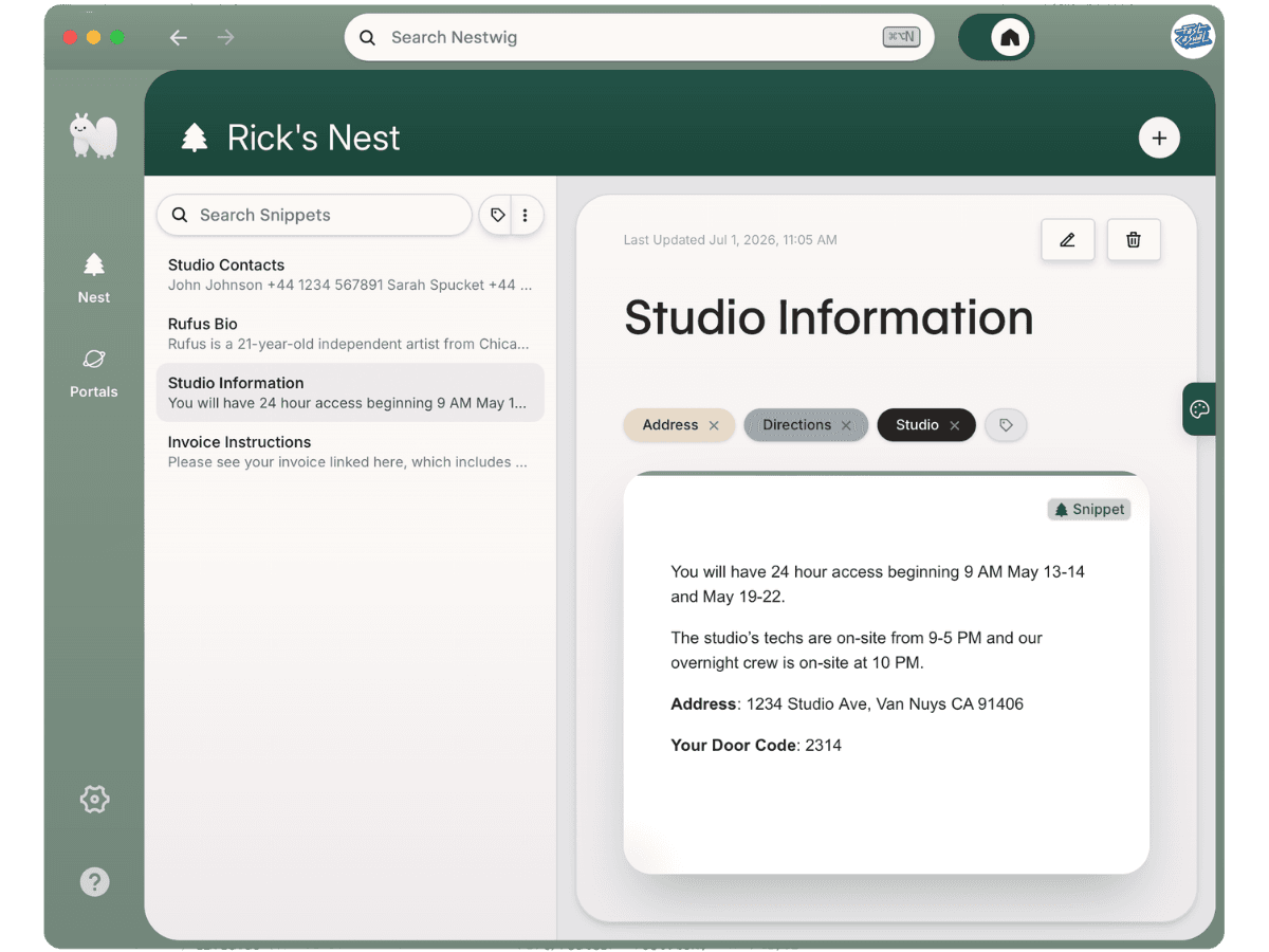 Nestwig's Nest — snippets tidy and titled inside the desktop app